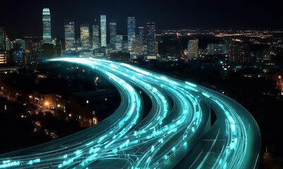 Aufkleber - A highway of light blue and teal data streams winds in the shape of a long, winding road, leading to a city skyline at night with buildings lit up.