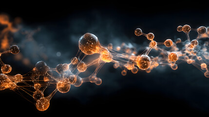 Fototapete - Molecular Connection: Abstract representation of molecular bonds, atoms glowing with orange and blue light against dark background.