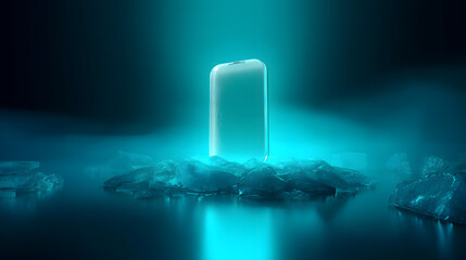 Poster - Glowing monolith on frozen surface: Mysterious luminescent monolith rises from a cold, icy terrain with ethereal mist, reflecting an aura of mystery and otherworldliness.
