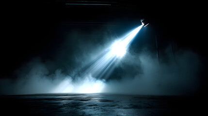 Poster - Spotlight in Smoky Darkness: A powerful spotlight pierces the darkness, its beam illuminating a smoky, mysterious space. The contrast between light and shadow creates a dramatic and captivating scene.