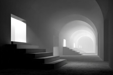 Poster - Minimalist modern interior hallway with staircase and archways illuminated by natural light creating a serene ambiance in monochrome design