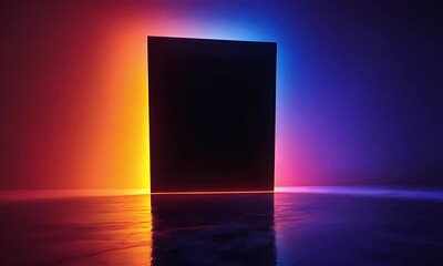 Poster - 3D render, abstract neon background with a glowing square frame in the middle of an empty dark room. Colorful, vibrant light from a colorful laser. 