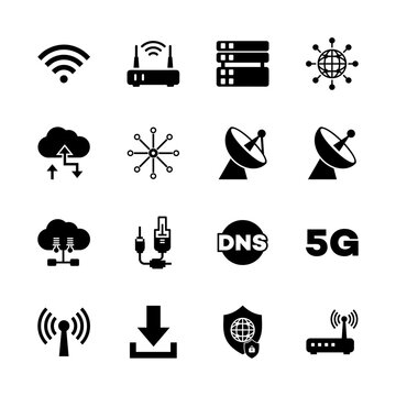 Collection of black and white vector icons for internet network design
