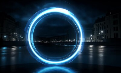 Poster - Abstract blue glowing circular frame on a black background, a futuristic technology concept.
