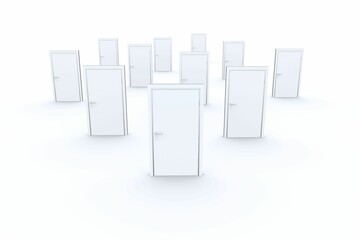 Poster - Frontmost white door is standing in minimal 3D render, surrounding doors are receding in grid