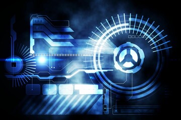 Poster - Futuristic flat digital interface is glowing over smoky backdrop, featuring circular gauge, bars