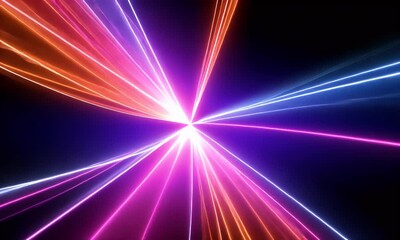 Fototapete - Beams of laser light in purple, red, and blue colors against a black background.