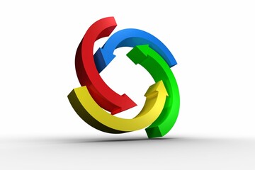Poster - 3D render is showing four interlocking arrows colored red blue green yellow on white shiny floor