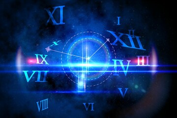Poster - Blue glowing technology design with clock