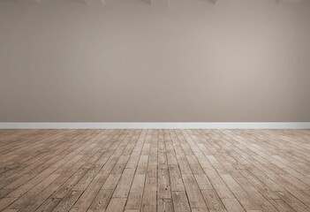 Poster - Flat design showing empty interior with hardwood floor, beige wall, baseboard trim, exposed beams