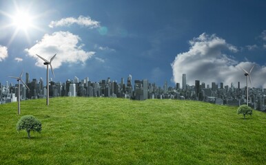 Poster - Flat design is depicting hilltop with wind turbines and shrubs overlooking skyline under sunny sky