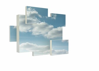 Poster - 3D render showing floating panels creating fragmented sky effect on white backdrop, copy space