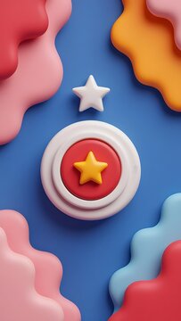 A collection of stylized stars with a 3D rendered effect. The stars are in various colors and textures, and the background is a blue-toned surface