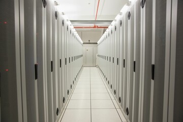 Poster - Showing flat design data center corridor with server cabinets, raised tiles, conduit, exit door