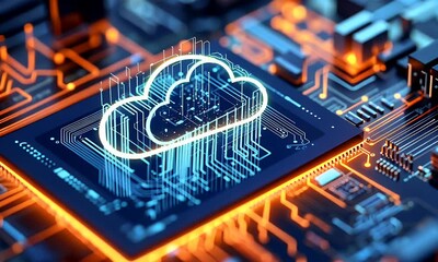 Aufkleber - A cloud icon is displayed on the chip, with an abstract building in blue and orange tones. The background features high-tech elements such as circuit boards and wires,