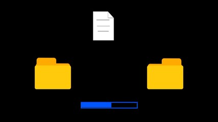 Poster - copying files, duplicating files, moving files, copying documents from one folder to another. Flying document animation between folders.