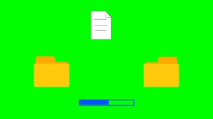 Poster - copying files, duplicating files, moving files, copying documents from one folder to another. Flying document animation between folders.
