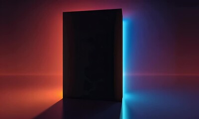Poster - 3D render, abstract neon background with a glowing square frame in the middle of an empty dark room. Colorful, vibrant light from a colorful laser. 