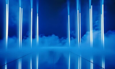 Fototapete - Dark blue background with fog and neon light tubes on the floor, stage design for a dance performance or concert, with a smoke effect moving from left to right.
