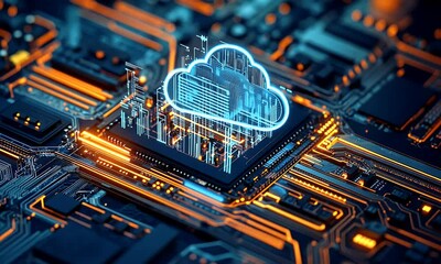 Aufkleber - A cloud icon is displayed on the chip, with an abstract building in blue and orange tones. The background features high-tech elements such as circuit boards and wires,