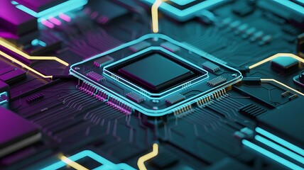 Poster - Close up of a futuristic microchip with glowing neon blue and pink circuits