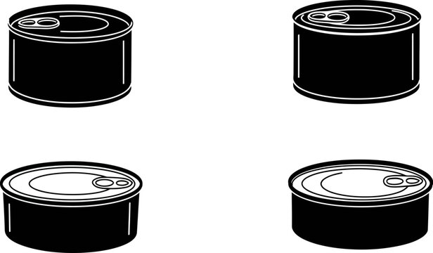 Black and white food cans illustration, metal can vector image, canned goods graphic design element set