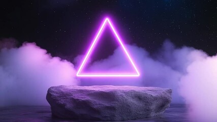 Poster - Neon Geometric Triumph: A vivid neon triangle illuminates a minimalist rock pedestal, shrouded in ethereal fog, floating amidst a starlit expanse.