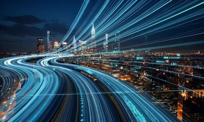 Aufkleber - A highway of light blue and teal data streams winds in the shape of a long, winding road, leading to a city skyline at night with buildings lit up.