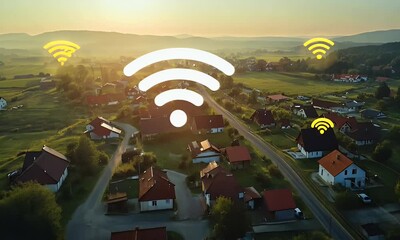 Aufkleber - Aerial view of a small town with houses and green fields, with yellow-colored wireless network symbols floating above the scene at sunrise.