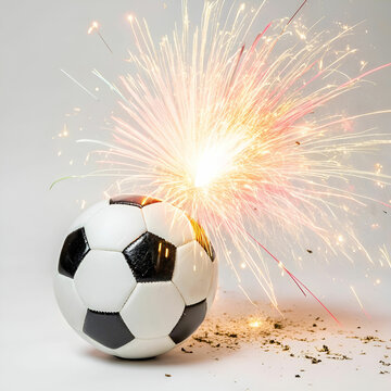 soccer ball cracking into fireworks white background