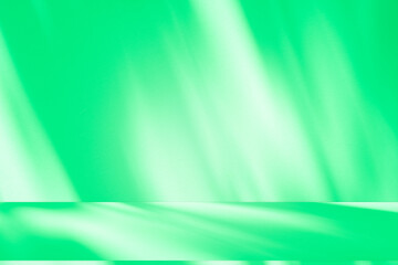 Fototapete - Wall interior background, studio and backdrops show products. with leaf shadow leaf from window color green and white. background for text insertion and presentation of product	