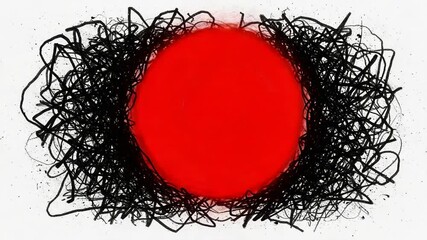 Poster - A chaotic scribble pattern surrounds a bold red circle in an abstract design