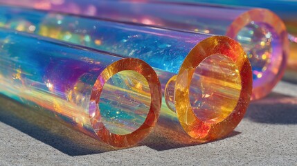 Poster - Vibrant transparent tubes lay on a light gray surface, displaying a spectrum of colors due to light reflections, creating an artistic and captivating visual effect.