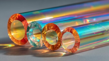 Poster - Four transparent tubes of varying sizes display vibrant colors as they reflect light. Each tube features unique patterns, highlighting the beauty of optical design and material excellence.