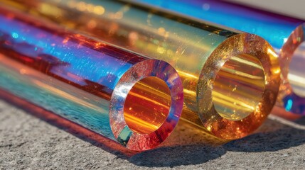 Poster - Three translucent glass tubes with vibrant colors reflect sunlight beautifully. They are positioned close together on a textured surface, showcasing a spectrum of hues.