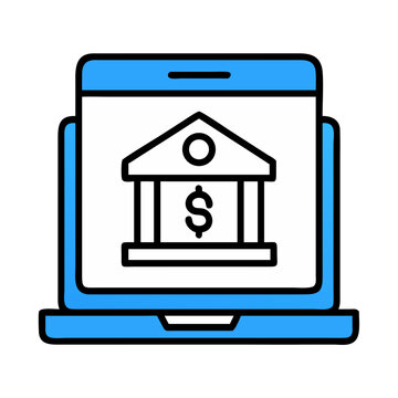 Online banking on laptop with blue outline illustration