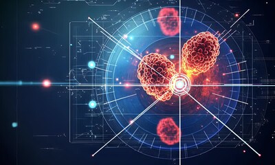 Aufkleber - Abstract futuristic background with laser crosshairs and a hologram of red glowing cells on a dark blue background, 