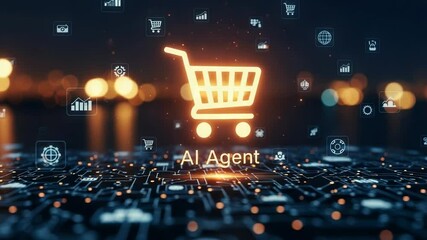 Poster - An ai agent represented by a shopping cart icon on a digital circuit board, symbolizing the future of online retail and automation