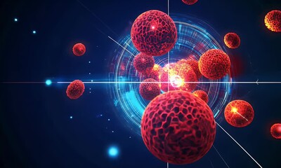 Aufkleber - Abstract futuristic background with laser crosshairs and a hologram of red glowing cells on a dark blue background, 