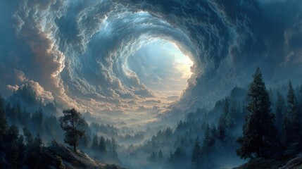 Wall Mural - swirling clouds form a stunning circular pattern above a dense forest, illuminated by the soft glow 