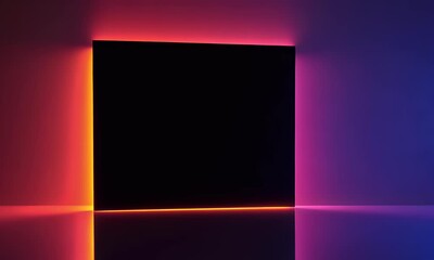 Poster - 3D render, abstract neon background with a glowing square frame in the middle of an empty dark room. Colorful, vibrant light from a colorful laser. 