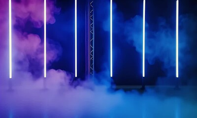 Fototapete - Dark blue background with fog and neon light tubes on the floor, stage design for a dance performance or concert, with a smoke effect moving from left to right.
