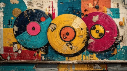 Poster - An artistic arrangement of three large vinyl records in bright colors is mounted on a textured wall featuring bold geometric patterns. The vibrant hues bring life to the urban environment.