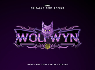 Fototapete - fantasy violet wolfwyn logo with wolf head and ancient medieval frame rpg game logo style text effect
