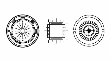 Aufkleber - Three geometric designs in black and white featuring circles and squares in a linear illustration created with generated ai