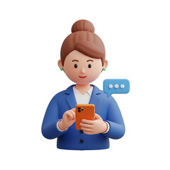 Aufkleber - 3d cartoon woman in blue blazer texting on smartphone with chat bubble isolated on transparent background