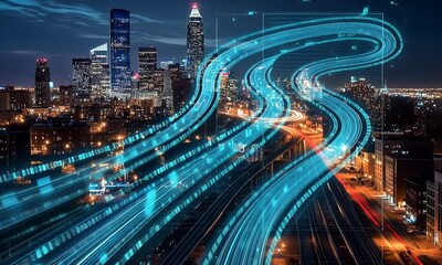 Poster - A highway of light blue and teal data streams winds in the shape of a long, winding road, leading to a city skyline at night with buildings lit up.