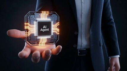 Poster - A businessman is holding a futuristic ai agent chip in his hand, representing the cuttingedge technology of artificial intelligence and digital innovation