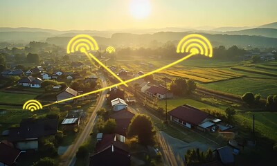 Aufkleber - Aerial view of a small town with houses and green fields, with yellow-colored wireless network symbols floating above the scene at sunrise.