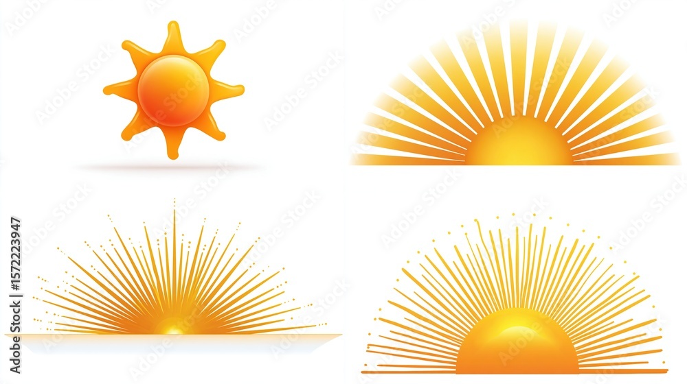 Collection of four sun and sunrise illustrations; various styles ...